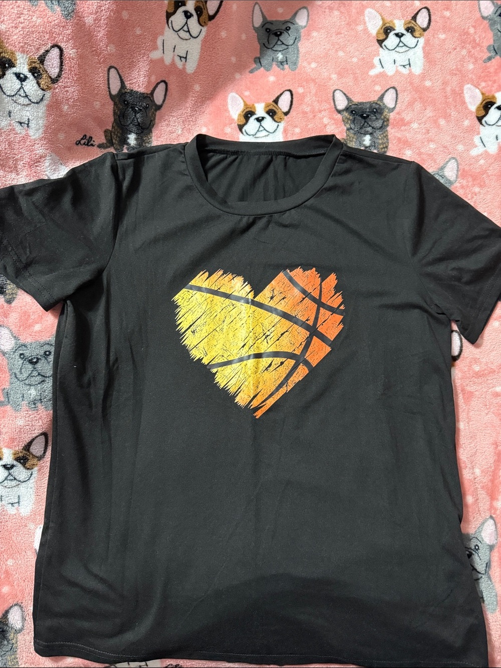 Black T‑Shirt with Yellow-Orange Basketball Heart Graphic